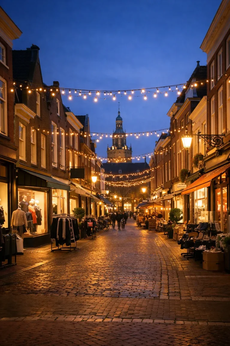 Website index Verlichte winkelstraat in Goes tijdens koopavond met shoppers in de avondschemering