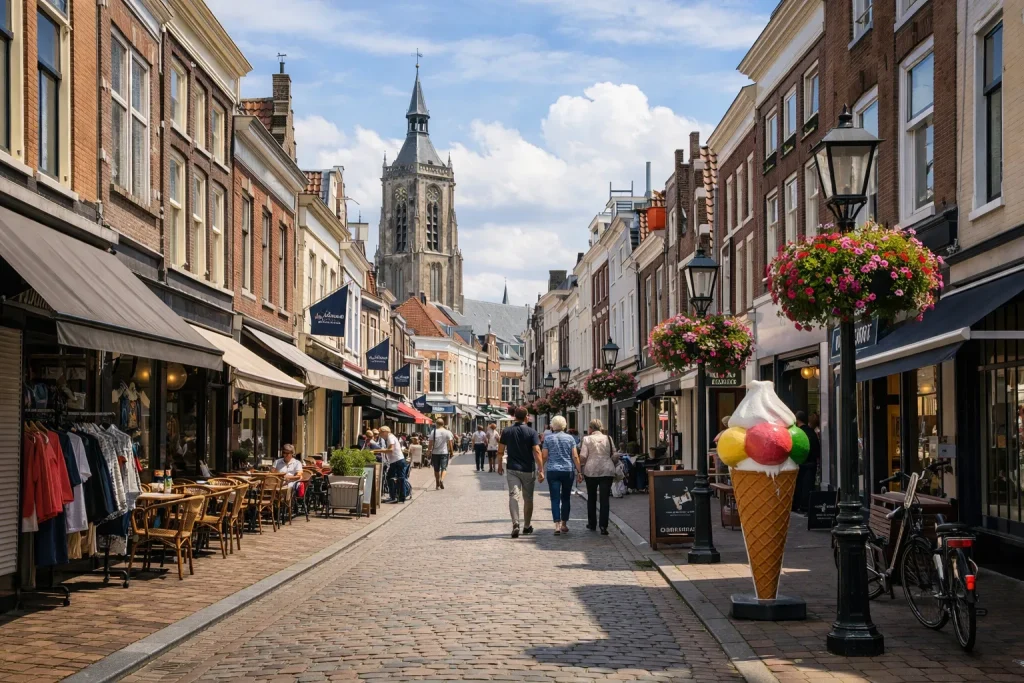 Drukke winkelstraat in Goes op zondag met terrassen en winkels.