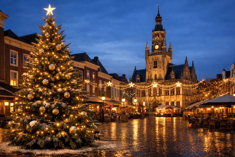 Website index Verlichte kerstboom op de Grote Markt in Goes tijdens de feestdagen in de avond.