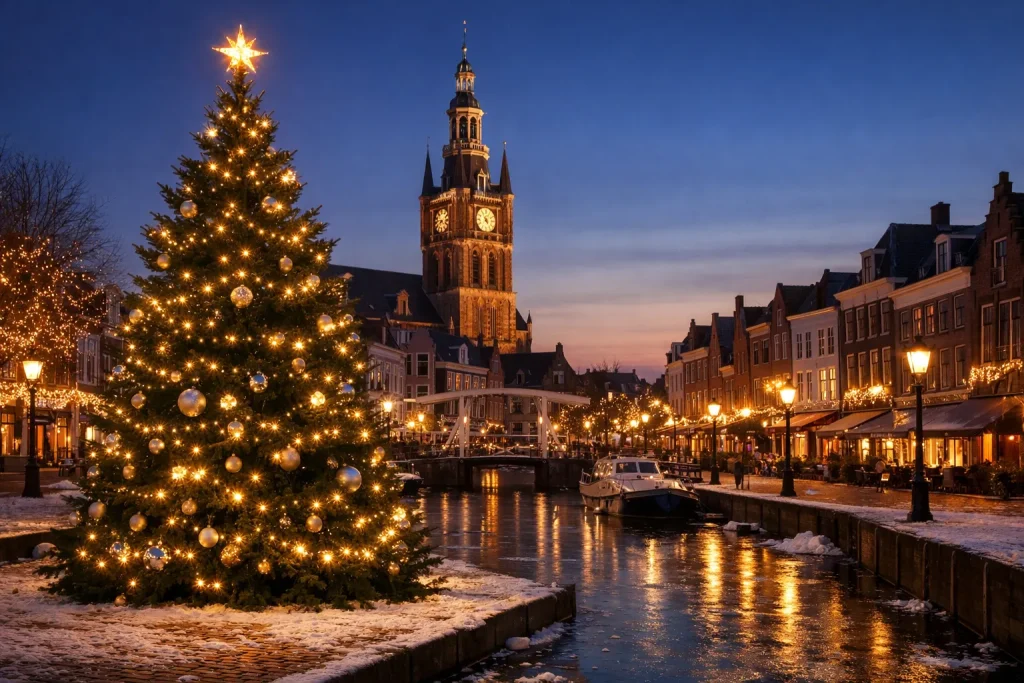 Feestelijk verlichte winkelstraat in Goes tijdens de kerstperiode in de avond.