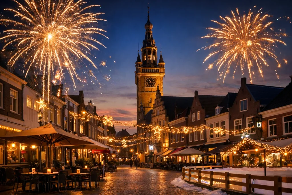 Vuurwerk boven het centrum van Goes tijdens Oud en Nieuw in de avond.