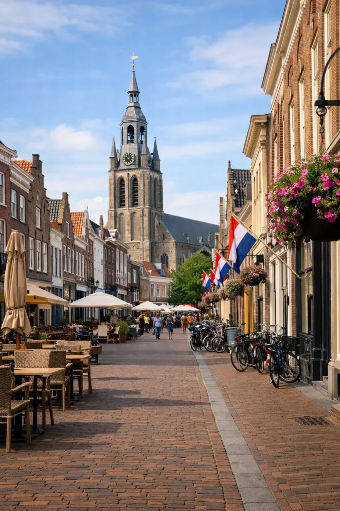 Straatbeeld in het centrum van Goes met geopende winkels overdag.