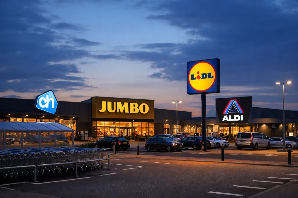 Supermarkten met parkeerplaats in Goes tijdens zonsondergang
