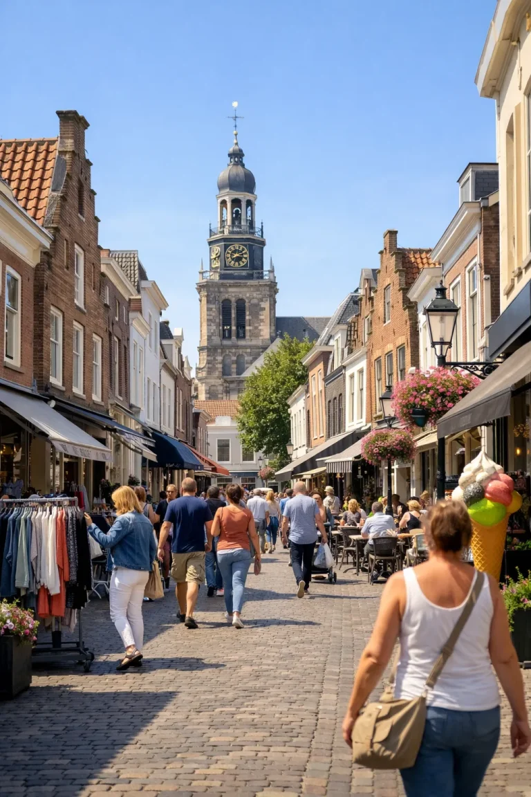 Drukke winkelstraat in Goes met historische kerk op de achtergrond.
