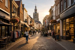 Winkelend publiek in een sfeervolle winkelstraat in Goes bij zonsondergang