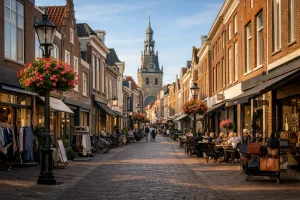 Gezellige winkelstraat in het centrum van Goes met terrasjes en historische gebouwen.
