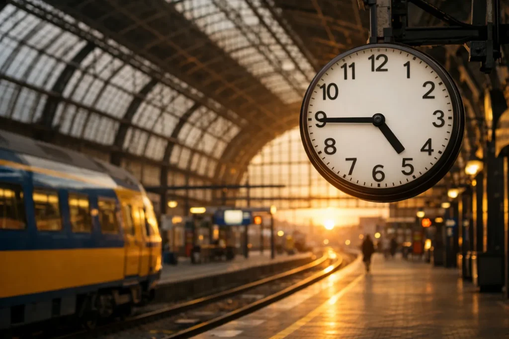 Perron van treinstation met grote klok en trein in avondlicht.