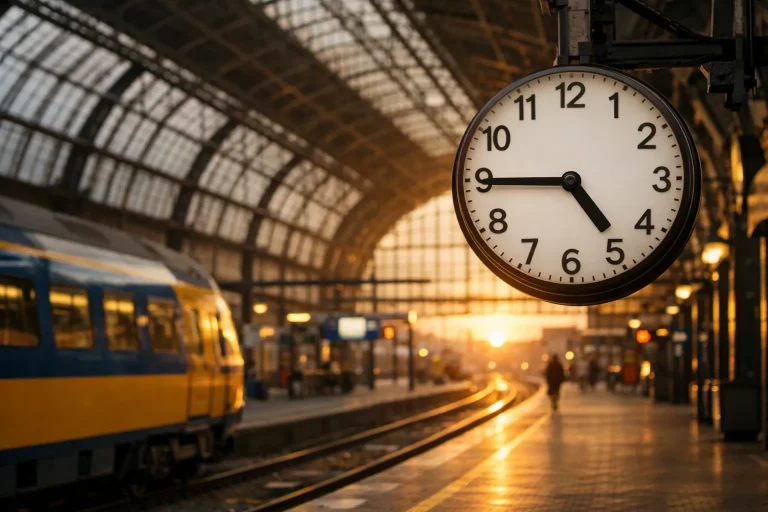 Website index Perron van treinstation met grote klok en trein in avondlicht.