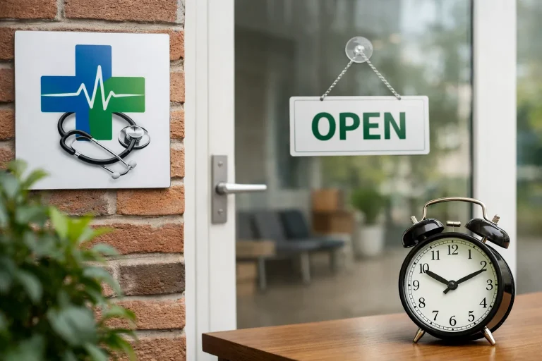 Website index Ingang van een huisartsenpraktijk met klok en open deur in Goes