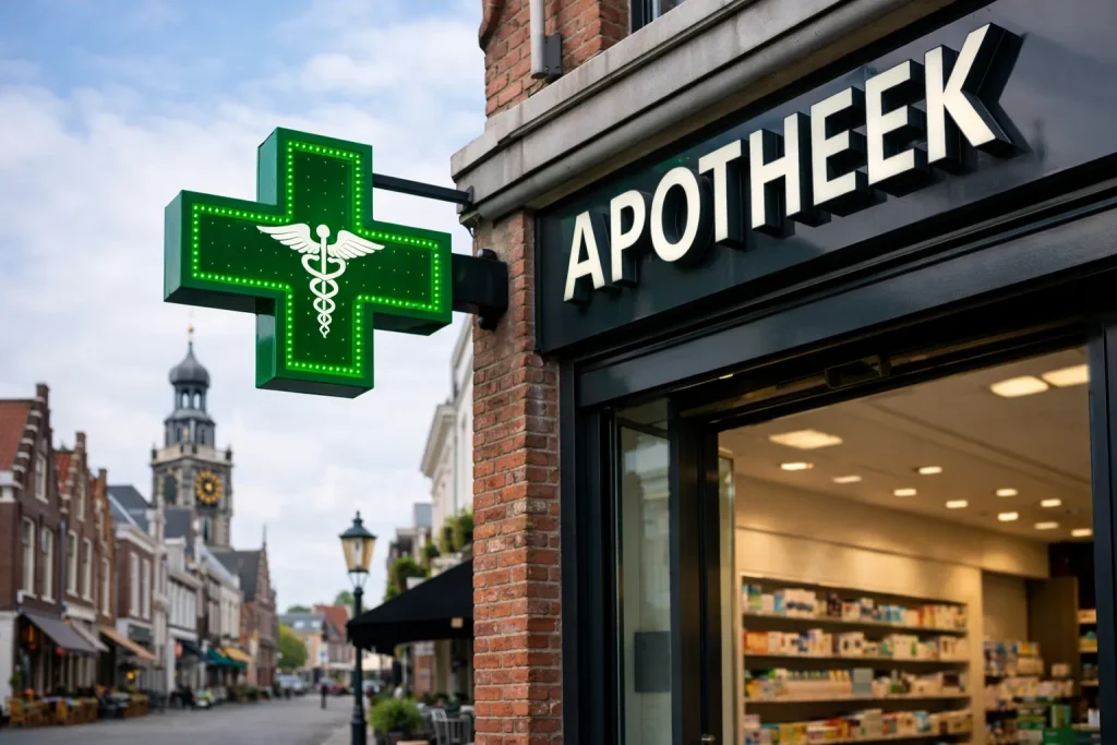 Gevel van een apotheek in Goes met groen kruisbord.