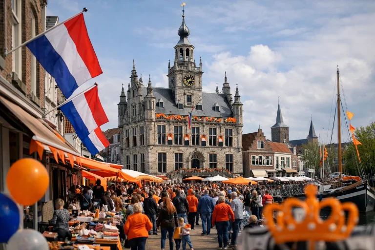 Drukke winkelstraat in Goes tijdens Koningsdag met oranje versiering en feestvierende mensen