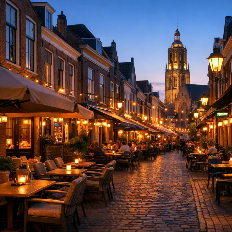 Gezellige horecastraat in Goes met verlichte terrassen in de avond