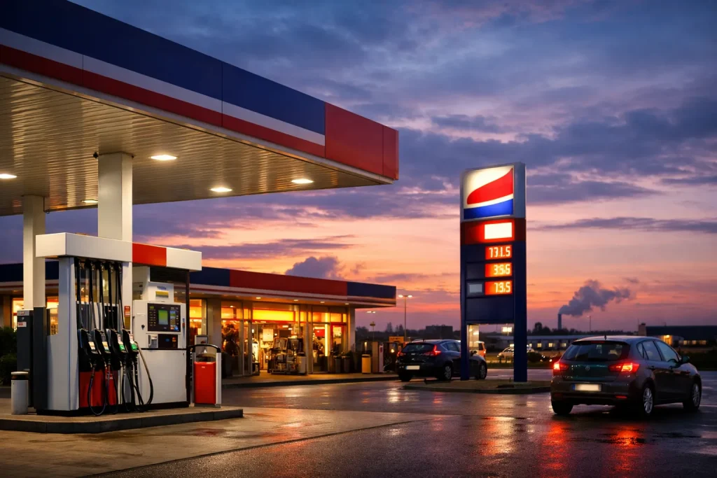 Verlicht tankstation in Goes tijdens de avondschemering met auto’s bij de pomp