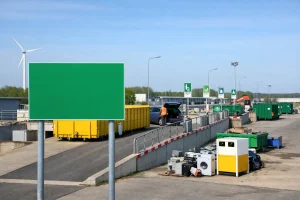 Milieustraat in Goes met containers en bezoeker die afval lost.
