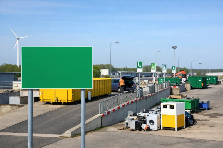 Milieustraat in Goes met containers en bezoeker die afval lost.