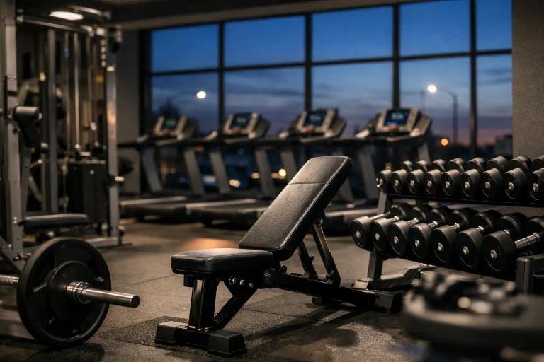 Moderne sportschool in Goes met halters en loopbanden bij zonsopgang