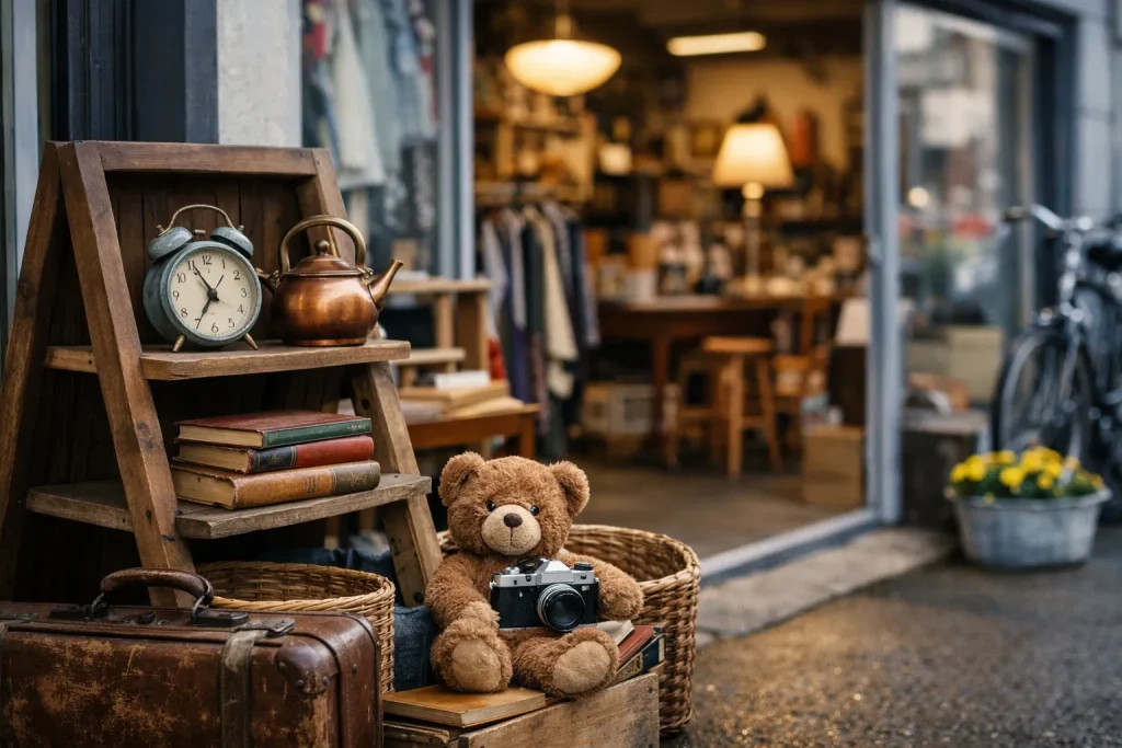 Vintage spullen buiten een kringloopwinkel in Goes