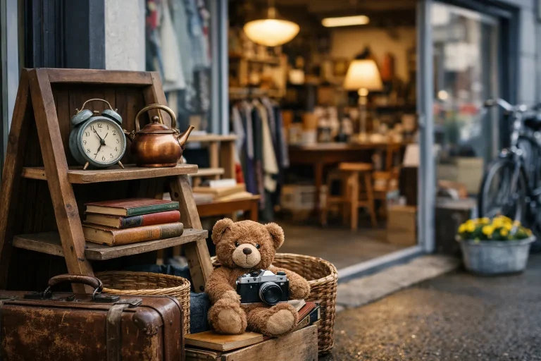 Vintage spullen buiten een kringloopwinkel in Goes