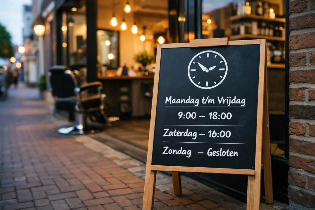 Kapsalon in Goes met openingstijdenbord voor de deur in de avond