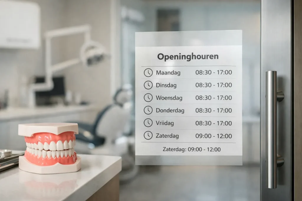 Openingstijden bij tandartspraktijk in Goes op glazen deur