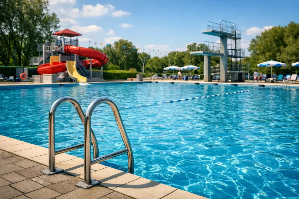 Buitenbad in Goes met glijbaan en duikplank op zonnige dag