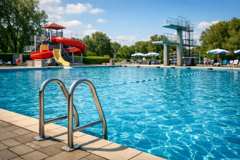 Buitenbad in Goes met glijbaan en duikplank op zonnige dag