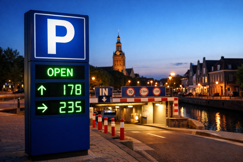 Ingang van parkeergarage in Goes tijdens schemering