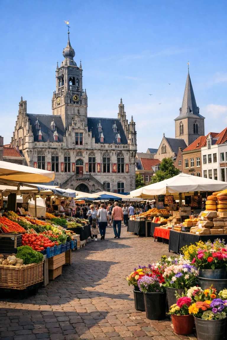 Drukke weekmarkt op het plein in Goes met kraampjes en winkelend publiek.