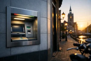 Geldautomaat aan een straat in Goes bij zonsondergang