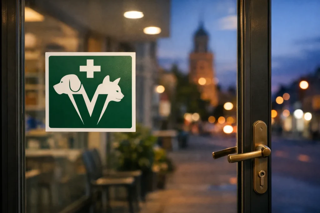 Ingang van een dierenarts in Goes met dierenartslogo op de glazen deur bij schemering.