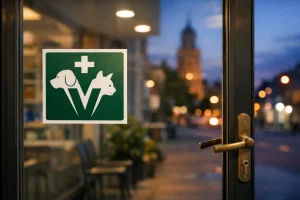 Ingang van een dierenarts in Goes met dierenartslogo op de glazen deur bij schemering.