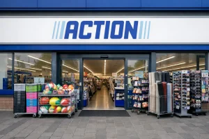Buitenaanzicht van een Action-filiaal in Goes, met de ingang en etalagekarren.