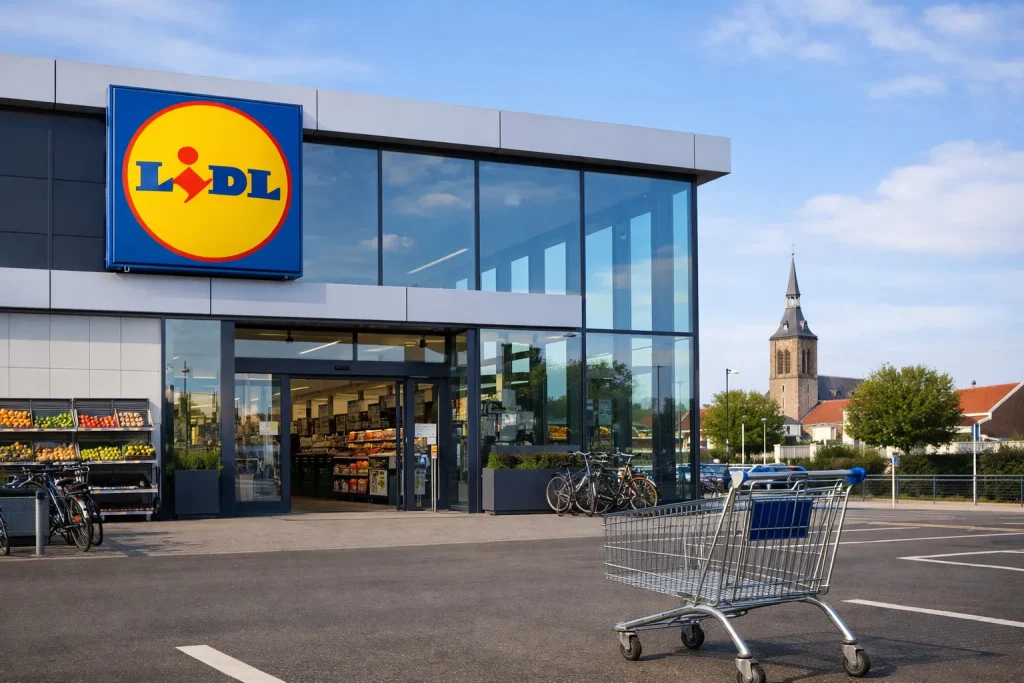 Ingang van Lidl supermarkt in Goes met winkelkar op parkeerplaats