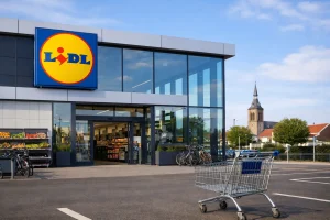 Ingang van Lidl supermarkt in Goes met winkelkar op parkeerplaats