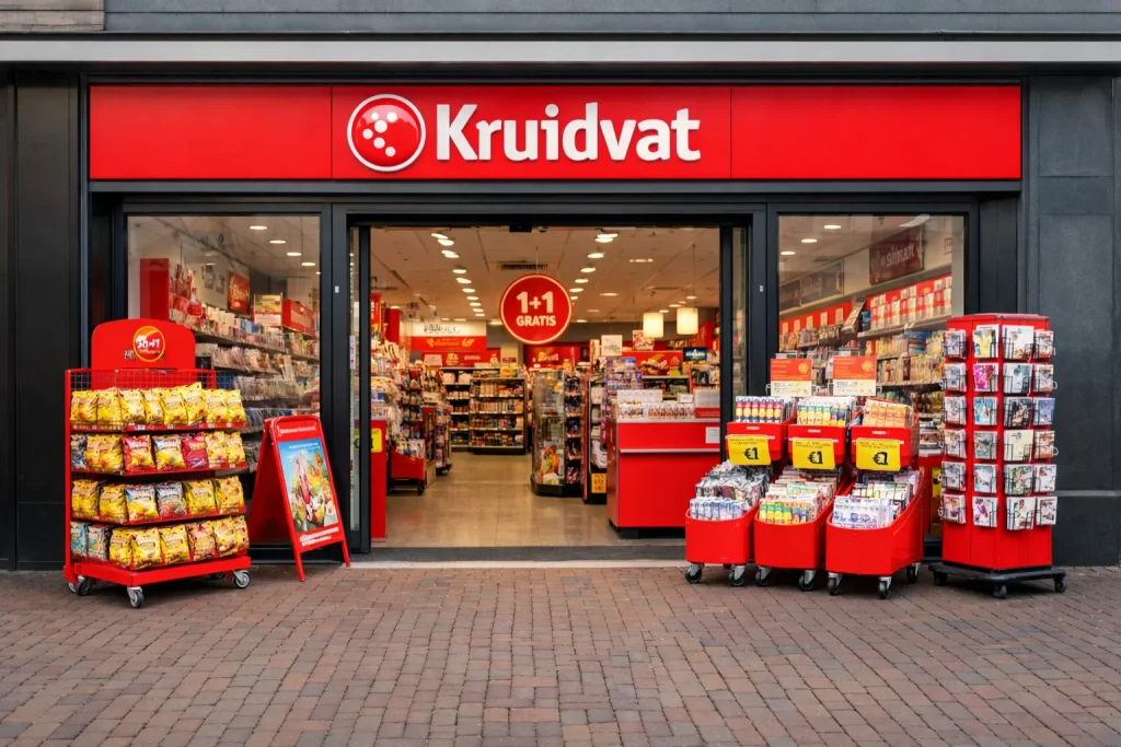 Ingang van Kruidvat winkel in Goes met rode gevel en aanbiedingen buiten.