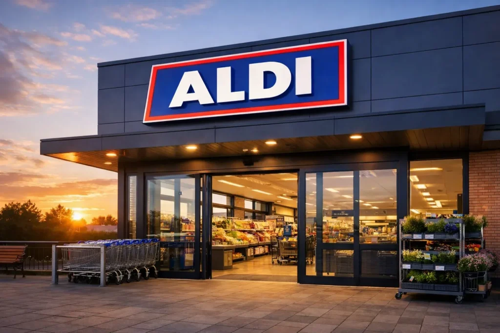 Ingang van een Aldi supermarkt bij zonsondergang