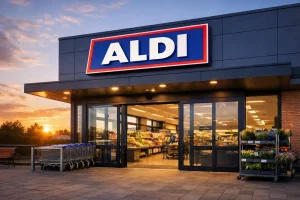 Ingang van een Aldi supermarkt bij zonsondergang