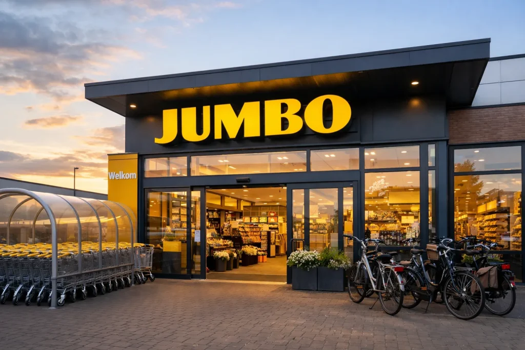 Voorkant van een Jumbo supermarkt in Goes overdag