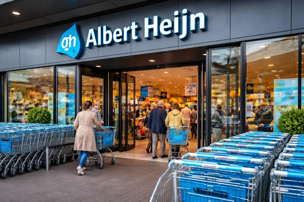 Albert Heijn supermarkt ingang in Goes met winkelwagens en klanten bij de entree